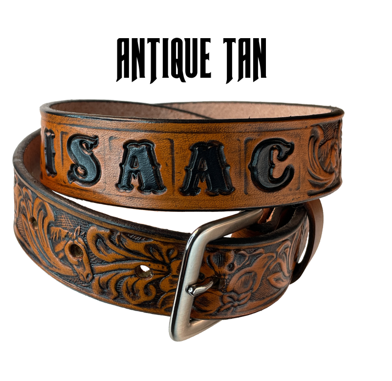 Introduce your little one to the iconic style of the west with the "Lil' Mustang" Leather KIDS/CHILDRENS Name Belt! Durable veg tan leather ensures that your cowboy or cowgirl can look good while feeling comfortable, and a unique western floral design featuring horses adds a touch of fun. A 1 1/4" width with snaps makes swapping out buckles a snap! Proudly made in Smyrna TN, just outside Nashville.