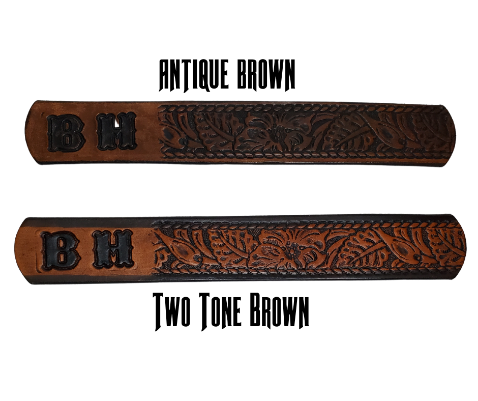 Our Lil Ranch is just like the Ranch for dad or mom. Full grain American vegetable tanned cowhide approx. 1/8"thick. Width is 1 1/4" and includes Antique Nickle plated Solid Brass buckle. We Hand Finished with a darker brown edge feathered into a tan center. Edges are smooth burnished painted edges. Made in our Smyrna, TN, USA shop. Buckle snaps in place for easy changing if desired  Choose with or without name,