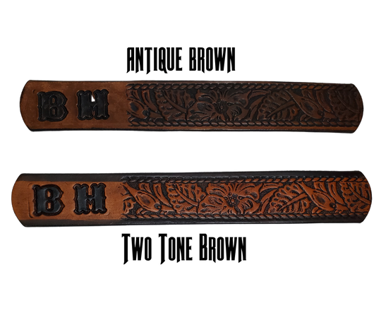 Our Lil Ranch is just like the Ranch for dad or mom. Full grain American vegetable tanned cowhide approx. 1/8"thick. Width is 1 1/4" and includes Antique Nickle plated Solid Brass buckle. We Hand Finished with a darker brown edge feathered into a tan center. Edges are smooth burnished painted edges. Made in our Smyrna, TN, USA shop. Buckle snaps in place for easy changing if desired  Choose with or without name,