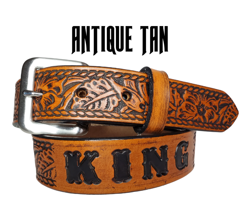 Our Lil Ranch is just like the Ranch for dad or mom. Full grain American vegetable tanned cowhide approx. 1/8"thick. Width is 1 1/4" and includes Antique Nickle plated Solid Brass buckle. We Hand Finished with a darker brown edge feathered into a tan center. Edges are smooth burnished painted edges. Made in our Smyrna, TN, USA shop. Buckle snaps in place for easy changing if desired  Choose with or without name,