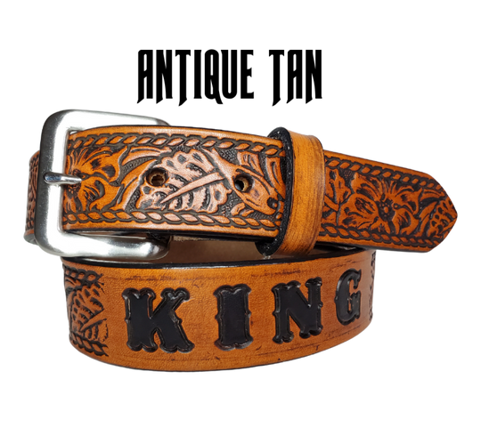 Our Lil Ranch is just like the Ranch for dad or mom. Full grain American vegetable tanned cowhide approx. 1/8"thick. Width is 1 1/4" and includes Antique Nickle plated Solid Brass buckle. We Hand Finished with a darker brown edge feathered into a tan center. Edges are smooth burnished painted edges. Made in our Smyrna, TN, USA shop. Buckle snaps in place for easy changing if desired  Choose with or without name,