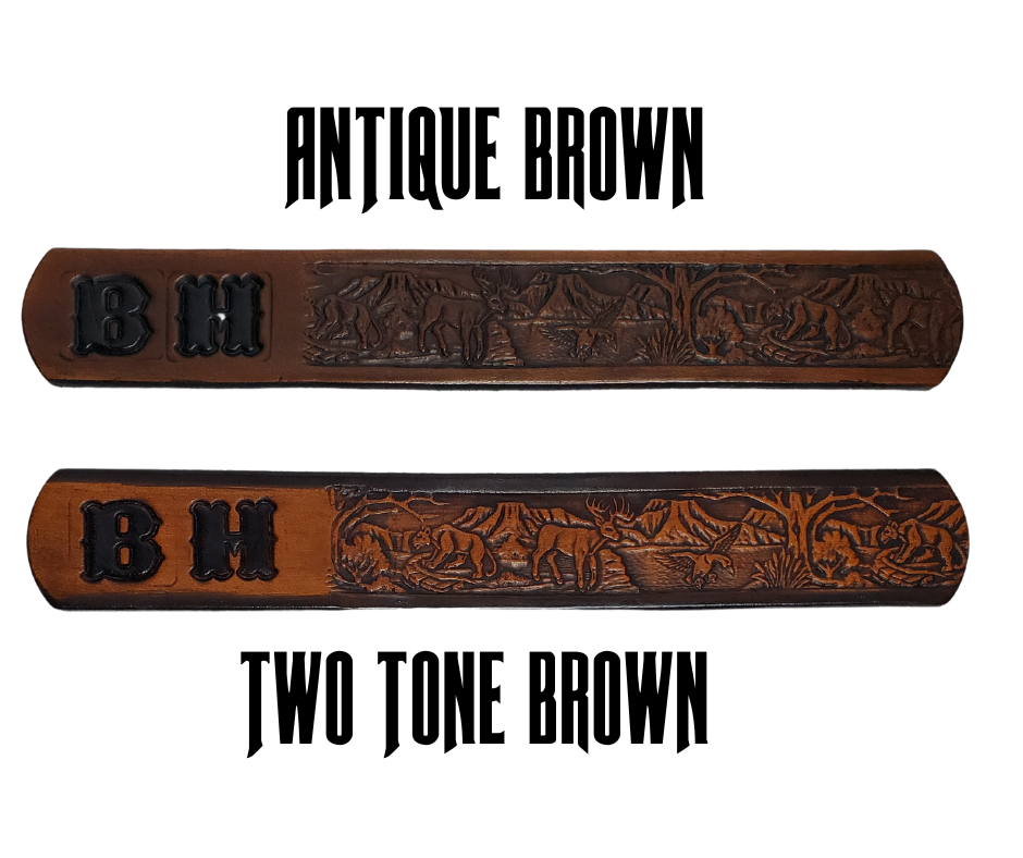 Perfect for the LIL Outdoors type the Wilderness scene embossed on veg tanned cowhide belt, about 1/8" thick, 1 1/4" width, burnished painted edges. The buckle easily snaps into place, allowing for easy changing when desired. Handcrafted with care in our Smyrna, TN shop, our Lil' Wilderness belt guarantees satisfaction. Follow our belt sizing instructions for a perfect fit