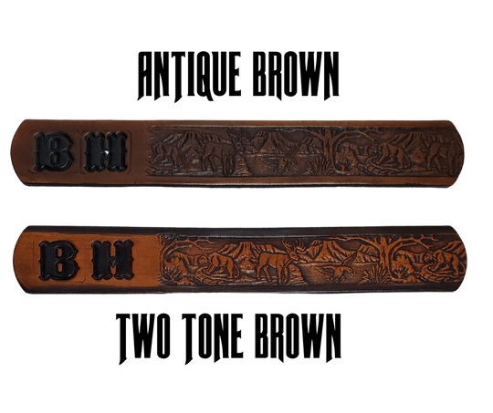 Perfect for the LIL Outdoors type the Wilderness scene embossed on veg tanned cowhide belt, about 1/8" thick, 1 1/4" width, burnished painted edges. The buckle easily snaps into place, allowing for easy changing when desired. Handcrafted with care in our Smyrna, TN shop, our Lil' Wilderness belt guarantees satisfaction. Follow our belt sizing instructions for a perfect fit