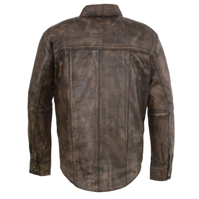 Premium Distressed Brown Cowhide Leather 1.0-1.1mm Snap Down Shirt Collar w/ Jean Pocket Styling Four Outside Pockets Dual Inside Concealed Weapon Gun Pockets Soft Satin Liner