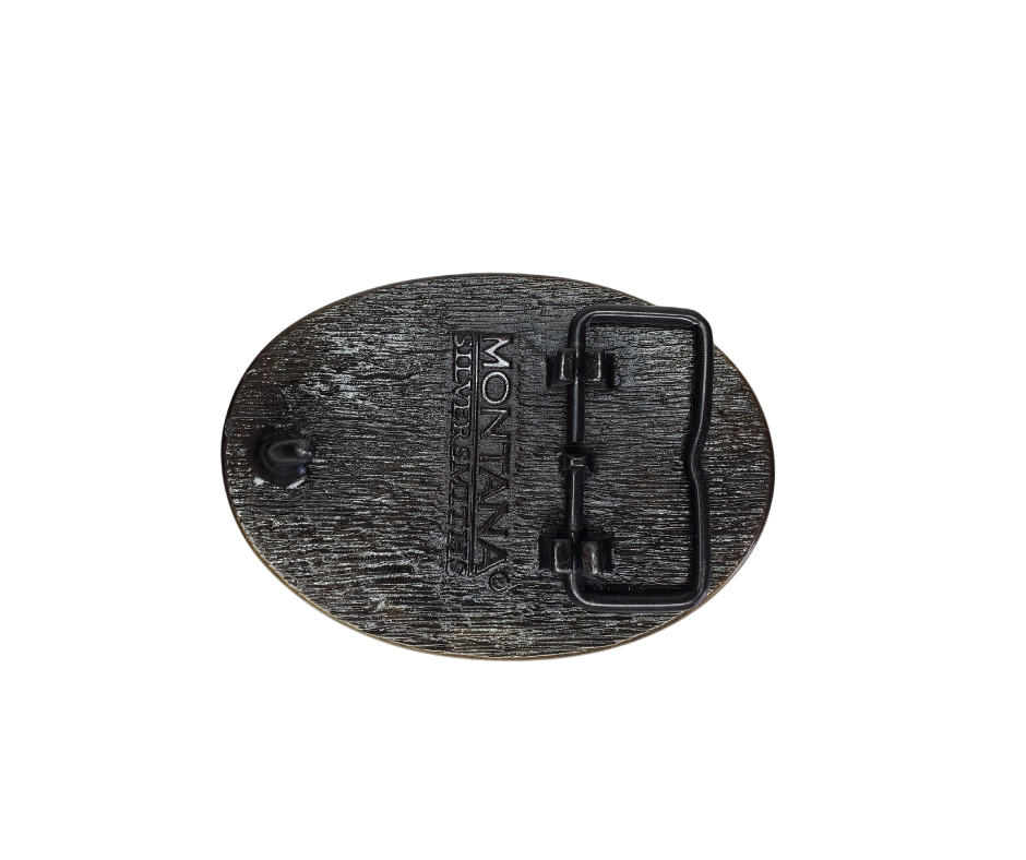 Brass colored oval Montana Silversmith's Attitude series buckle with rutting elk and antler designs at the top and bottom. Standard 1.5 belt swivel.  Amazing detail of 2 Elk fighting with their heads down with a mountain scene background Available at our shop just outside Nashville in Smyrna, TN. Dimensions: Width 3.63" Height 2.75" Length 0.16"