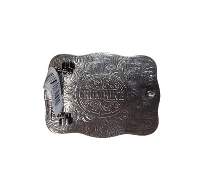 Embodying the spirit of the world's most dangerous bull, this rectangular buckle features Barbwire edges, a Western scroll design background, and a bold Bullrider. With dimensions of approximately 3" by 4", it can easily accommodate belts up to 1 1/2" wide. Find it in our retail shop in Smyrna, TN, just outside of Nashville, or in our online store.&nbsp;