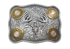 Nocona Western buckle  Smooth edge oval shaped buckle centered with a flying eagle and floral scroll on either side of it. Measures: 3" tall X 4" wide Available online and in our shop in Smyrna, TN, just outside of Nashville