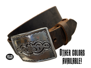 Rectangular antique silver belt buckle with western style tooling, size approx. 3" wide by 2 1/2" tall. Belt is handmade from a single strip of leather in our shop. Belt colors available are distressed brown, black, and dark brown. Buckle snaps in place for easy changing if desired.﻿ CHOOSE ONE BELT STRIP COLOR! Available online and at our shop just outside Nashville in Smyrna, TN. Main photo.
