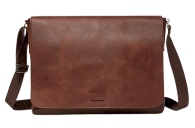 This leather messenger bag is made from soft real cowhide leather. Flap is distressed brown leather and body has contrasting darker brown colored leather. The flap secures with a magnetic snap. Dimensions are approx. 15" by 12" by 3". Back pocket will hold a full size laptop. Inner bag is lined with nylon and leather trim and hardware is brushed nickel. Available for purchase in our retail shop in Smyrna, TN, just outside Nashville.
