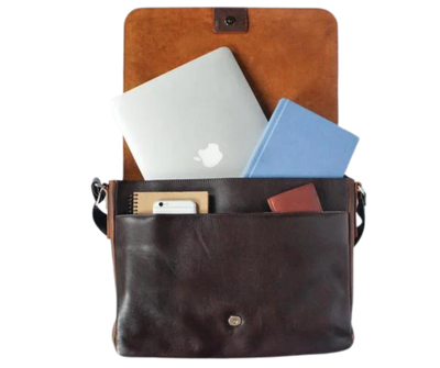 This 2 tone brown leather messenger bag is made from real cowhide leather.&nbsp; Flap is a smooth oil tanned leather with a distressed look and the body has contrasting soft pebbled grain leather. The flap secures with a magnetic snap. Dimensions are approx. 15" by 12" by 3". Back pocket will hold a full size laptop.&nbsp; Inner bag is lined with nylon and leather trim and hardware is brushed nickel. Available for purchase in our retail shop in Smyrna, TN, just outside Nashville.