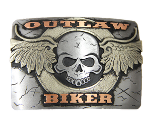 The Outlaw Biker buckle features a classic Skull and Wings on a distressed background.  Augus buckles are made from German Silver (nickel and brass alloy) or iron metal base. Some buckles have motifs made of copper, iron or brass. Each piece is punched, cut, soldered, engraved, polished and painted by our talented metal workers. Available at our Smyrna, TN location.