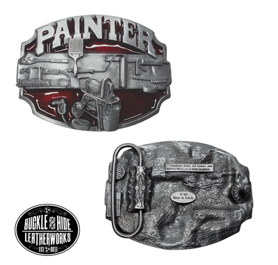 The Painter buckle part of our First Responders and Trades series we've added. Bless our men and women who build buildings and homes we live in. They get up early and go to work! The paint rollers, brushes on a slightly oval shaped belt buckle. Pewter belt buckle that may be attached to your belt.  Fits 1 1/2" belts, Size 3-1/2" x 2-3/4. Available in our shop just outside Nashville in Smyrna, TN.