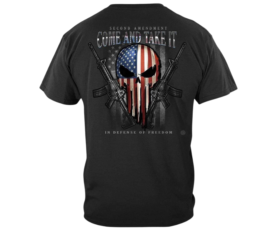 If you appreciate FREEDOM you'll be proud to wear this shirt! Red, White and Blue Punisher style flag on the back with Come and Take it in bold letters.  Available online and in our retail shop in Smyrna, TN.