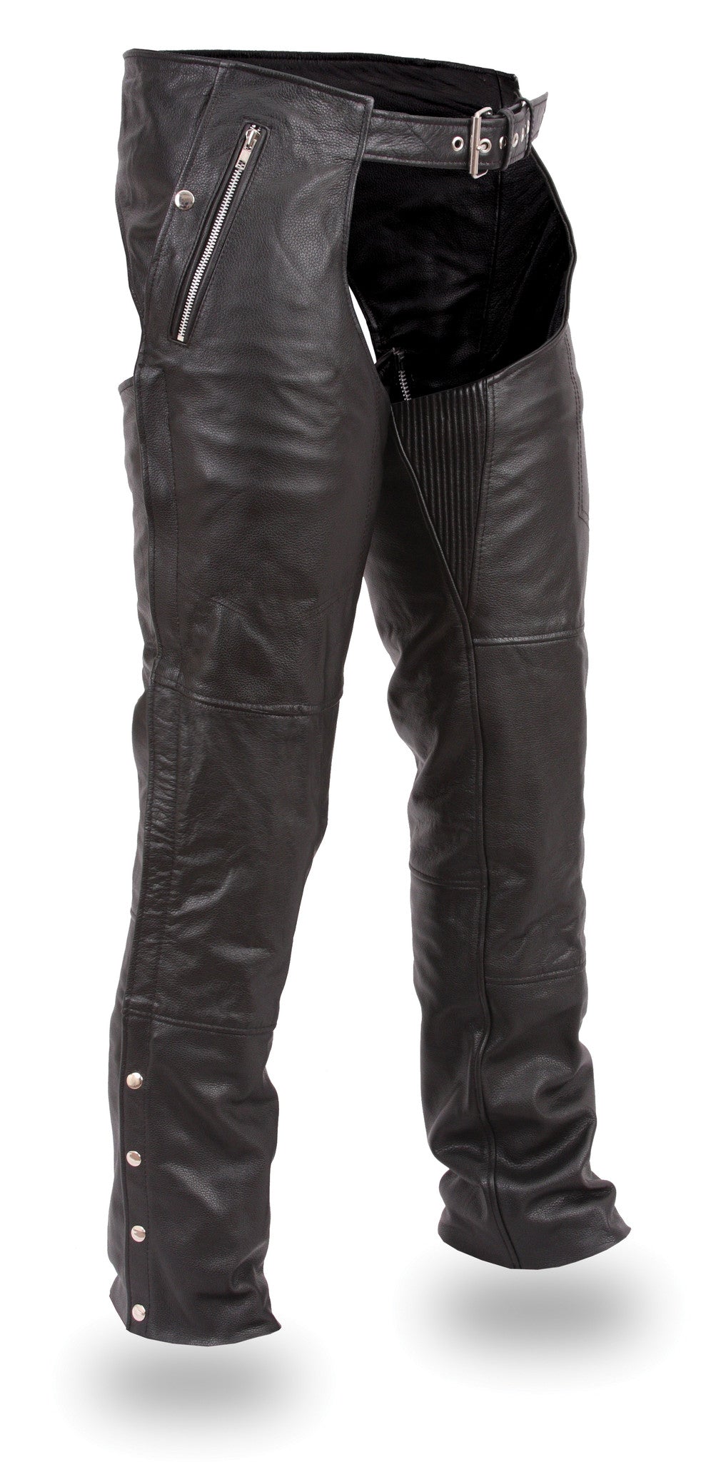 The "Patriot" Premium Unisex Black Snap-out Liner Leather Chaps are our shop's best selling chaps every year. These are 2 chaps in one pair...A snapped in quilted lining (just like in many jackets) for those cold morning and nights. We chose a snapped in liner because a snap is way easier to fix than the zip in liners. Sizes XS-5X Unisex Sizing are available in our Smyrna TN, shop not far from Nashville.