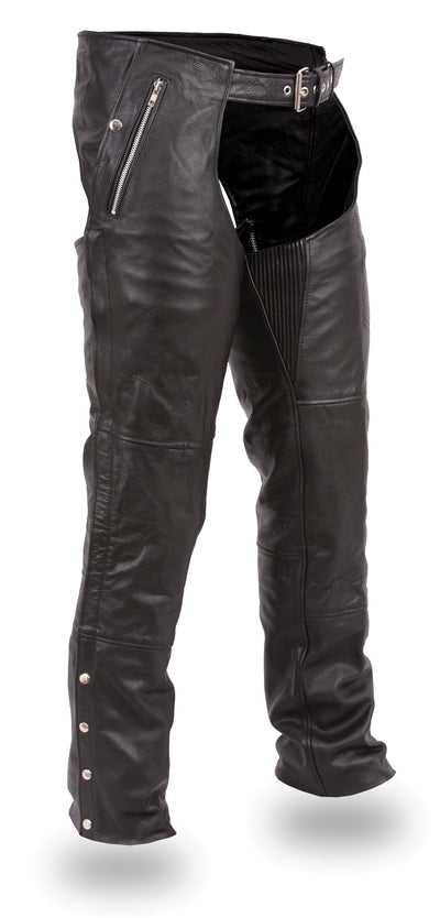 Soft milled Premium Naked cowhide NOT cheap split leather) 4 nearly down to the knee deep jean pockets. One snapped and one zippered Heavy #10 YKK zippers down the leg Stretch panel on inside for comfortable thigh fitting Zipper buffer prevents liner from catching in zipper Snap out liner for warmer weather These are GREAT CHAPS! Sizes XS-5X  Unisex Sizing Typically stocked up to 8X CALL for availability Available in our Smyrna TN, shop