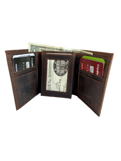 RFID protected trifold in popular Distressed Brown with 12 card slots and DOUBLE I.D. flap PLUS divided cash pockets. Though it is imported it is a great value that's Buckle and Hide approved. You even personalize it with 3 initials, adds a few days extra for shipping.