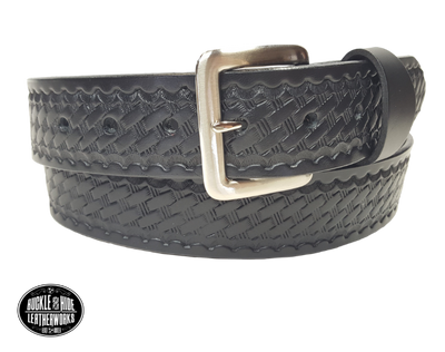 This handmade, real leather belt is made from Veg-Tan shoulder cow leather.  It is 9-10 oz. or approximately 1/8" thick and is 1 1/2" wide. It has smoothed and finished edges and basket weave design is embossed on surface.  Choose from 5 color options. The antique nickel plated solid brass buckle snaps in place. Made in our shop just outside Nashville in Smyrna, TN. 
