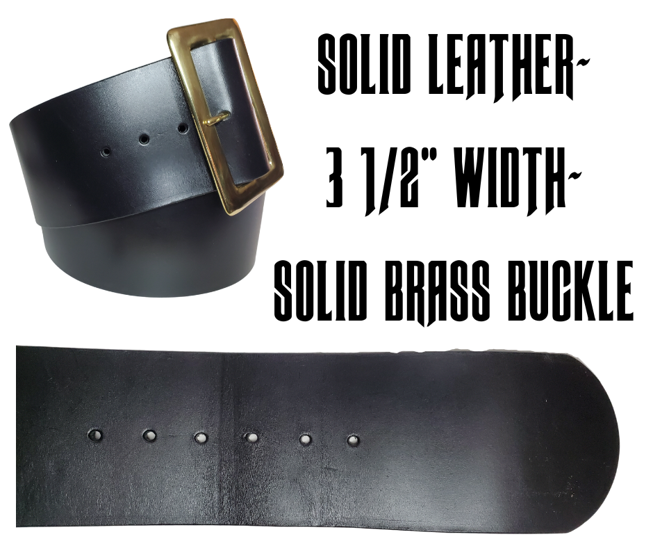 This high-quality SOLID LEATHER Santa Clause Leather Belt is sure to bring a Authentic look to your suit.  Crafted with a Solid brass buckle, that is 3 1/2" wide for the perfect look to take your suit to the next level.  This all Santa leather belt is made in our Smyrna, TN shop from solid Cowhide Leather approx. 1/8" thick and a riveted solid brass buckle. Due to availability please try to order prior to October.