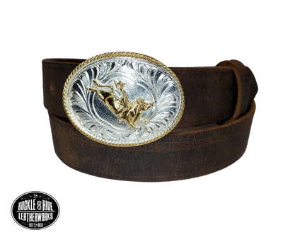 Our Kids/Youth Belt Combo is a great choice who's wants to be like dad or mom! Full grain Distressed Brown Water Buffalo or Black cowhide leather that is approx. 1/8"thick. The width is 1 1/4" and this Combo includes a 2" x 2 1/2" sized Western styled Nickle plated oval shaped buckle with a Flying Eagle completed with a rope edge. Buckle snaps in place for easy changing if desired. Choose a Black or Distressed Brown Leather belt for the Combo. Made in our Smyrna, TN, USA shop.  