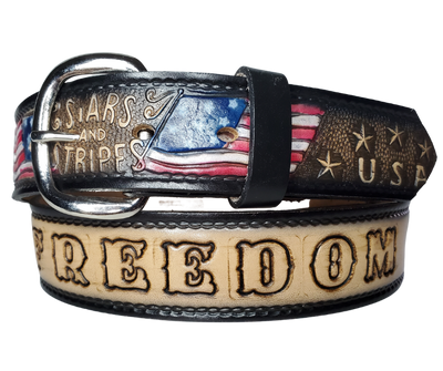 The Stars and Stripes leather belt is the Patriots go to belt! Patterned with American Flags, Stars and Stripes and USA around the belt. Available in a 1 1/2" width. Full grain vegetable tanned cowhide, Width is 1 1/2" and includes Nickle plated buckle that may be changed with Smooth burnished painted edges. In stock at our Smyrna, TN shop.