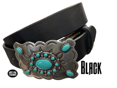 Southwestern style belt buckle with Southwestern tooling, scalloped design around edges, and simulated turquoise stones, approx. size 3 1/2" wide by 2 1/2" tall.  Color is antique silver, buckle is made of zinc. Fits belts 1 1/2" wide. Belt is handmade from a single strip of leather, choose from either distressed brown, black, or dark brown. CHOOSE ONE BELT STRIP COLOR! Available online and in our shop just outside Nashville in Smyrna, TN. Black belt.