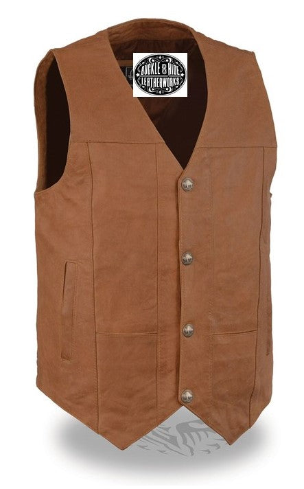 Western style Tan leather vest has v-neck and Buffalo nickel snap front. It is made from soft cowhide with slightly wrinkled look. 2 horizontal outside front lower pockets and conceal carry pockets on each inside front, back is stitched panels. It has a mesh lining. Available for purchase in our shop in Smyrna, TN just outside of Nashville. Available in sizes small through 5x. 