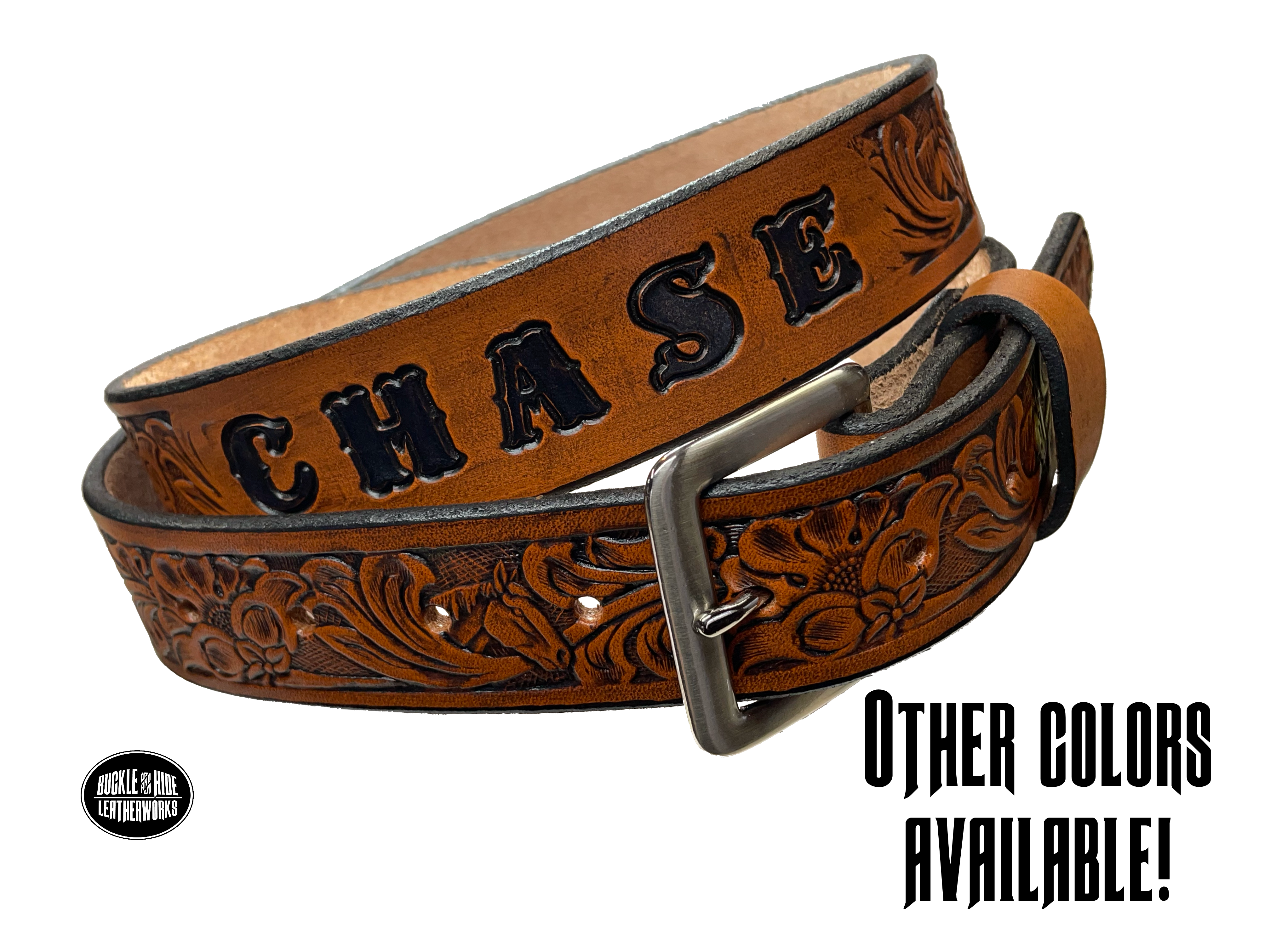 Full grain American vegetable tanned cowhide approx. 1/8"thick. Width 1 1/2" and includes Antique Nickle plated Solid Brass buckle Hand Finished in 3 color options Smooth burnished painted edges Choose with or without name, if without name, design will cover entire length of belt For name Type name desired on belt in "Type Name Here" section, no more than 8 letters maximum Buckle snaps in place for easy changing if desired Made in our Smyrna, TN, USA shop Belt Sizing Instructions