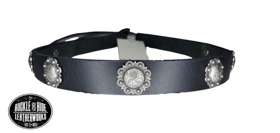 Conchos started in the late 1800's by the southwest Native Americans and become part of the Western culture. Our 7 Berry concho leather hatband is 3/4" wide by 23" (without tie string). Available in black or brown, pick one or a few. Fit's most any hat with adjustable bead and leather 1/8" string. Will fit most TOP HAT style and WESTERN crowned hats. Made in our Smyrna Tn. shop.