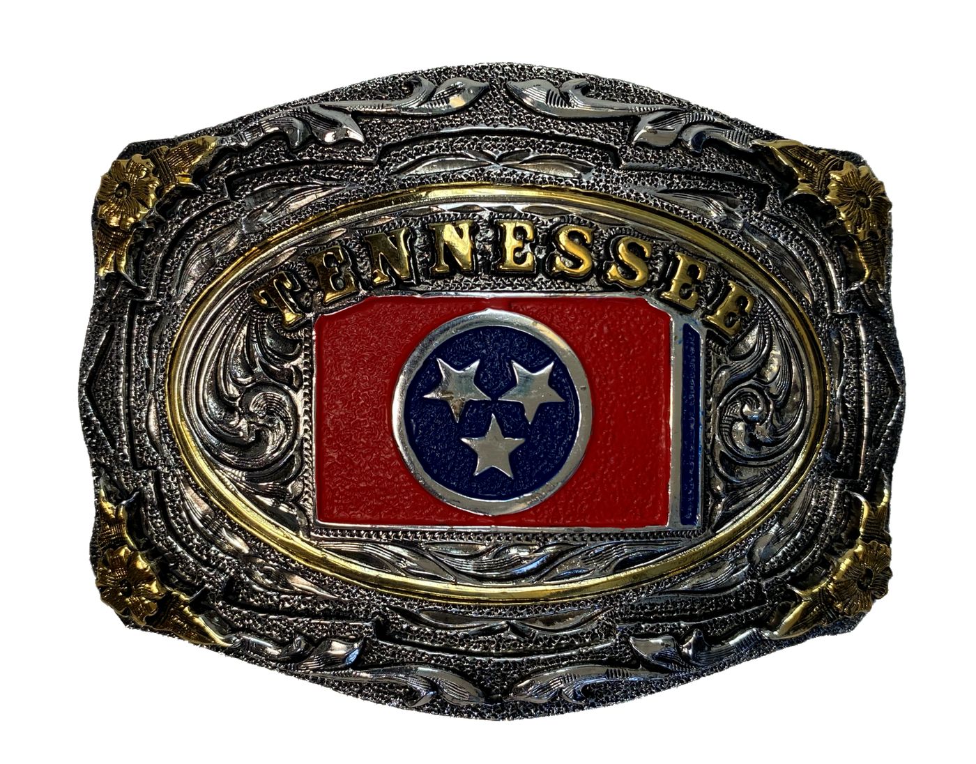 Scroll design belt buckle with beaded edge Tennessee Flag affixed to center Heavy duty Dimensions 2 3/4" tall by 4" wide Fits belts up to 1 3/4" width Sold online and in our shop in Smyrna, TN, just outside of Nashville.