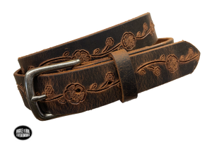 This brown leather belt is made from Crazy Horse tanned leather for that distressed and pull-up look. The edges are beveled and left raw for a contrasting look. It has an antique nickel coated solid brass buckle that is snapped in place. Belt is 1 1/4" wide and available in lengths from 34" to 44".  It is handmade in our shop in Smyrna, TN, just outside of Nashville.