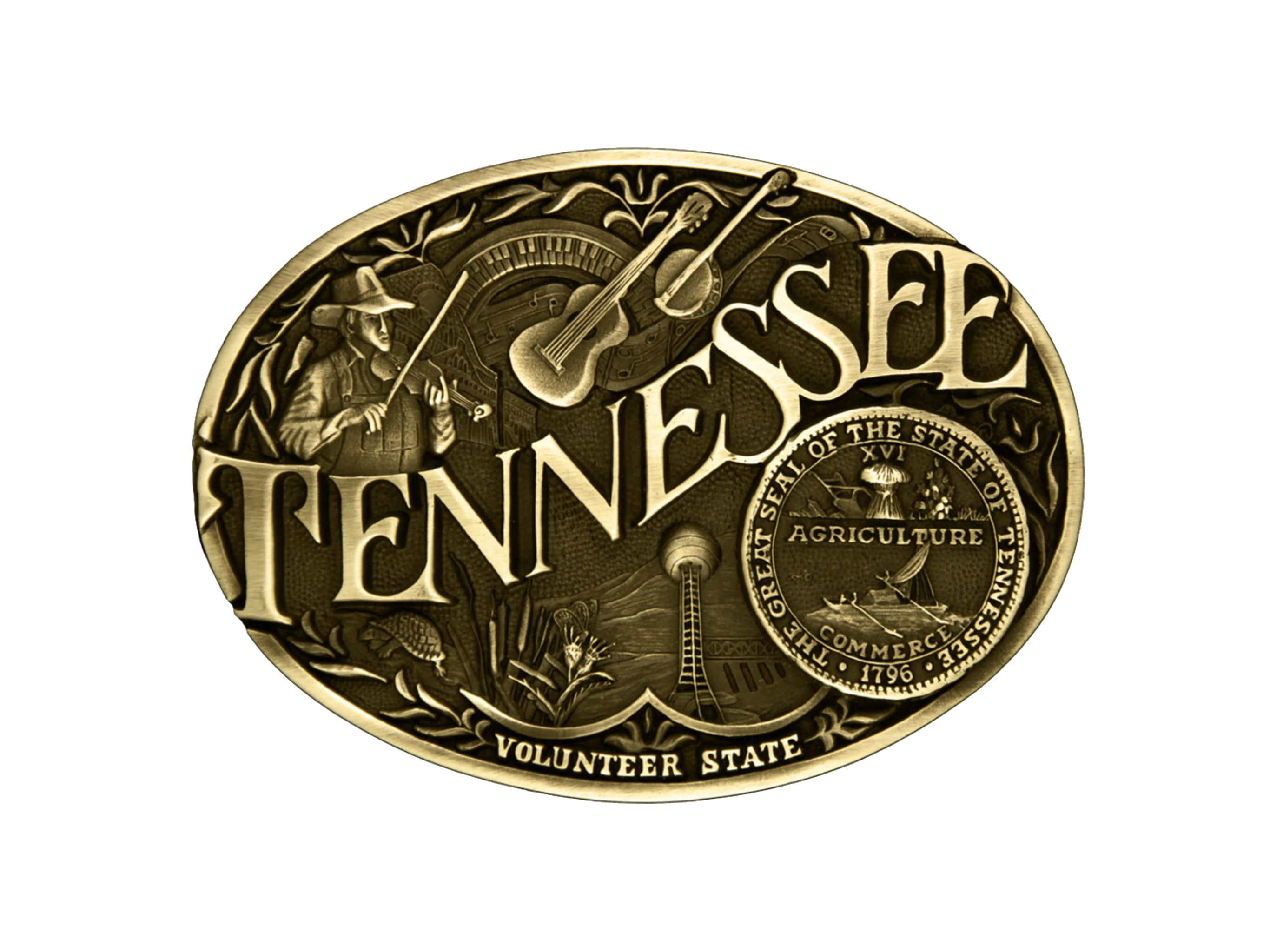 Antiqued brass colored Attitude buckle Tennessee state and symbols. Standard 1.5 belt swivel. Available online and in our shop in Smyrna, TN, just outside of Nashvillle.