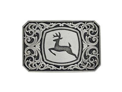 A John Deere rectangular shape with cut corners belt buckle with John Deere logo pressed into a silver center. It has a hand-painted black background and scrolls. Standard 1.5 inch belt swivel.