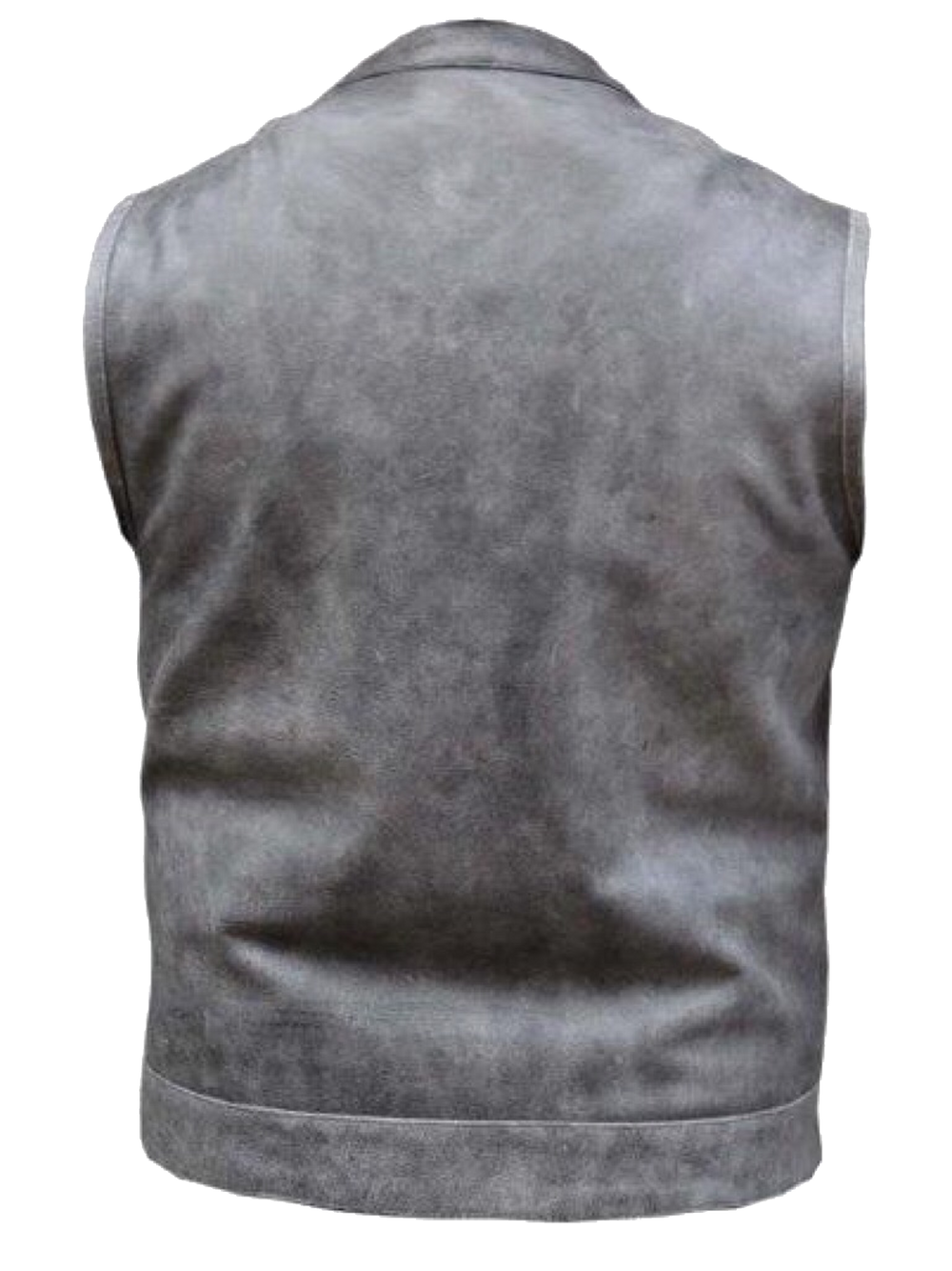 Distressed grey leather Club style motorcycle riding vest.  Made from cowhide and contains conceal carry pockets on front insides. It has a 1 piece pack and snap and zipper front closure. It has a club style collar.  Available for purchase in our leather shop in Smyrna, TN, near Nashville.  Available in sizes small to 5x. Mens PREMIUM Club Vest in soft Cowhide 1.2mm 4 exterior pockets & 2 inside concealed carry pockets. Zip Snap main closure. Antique Brass hardware. One panel back.