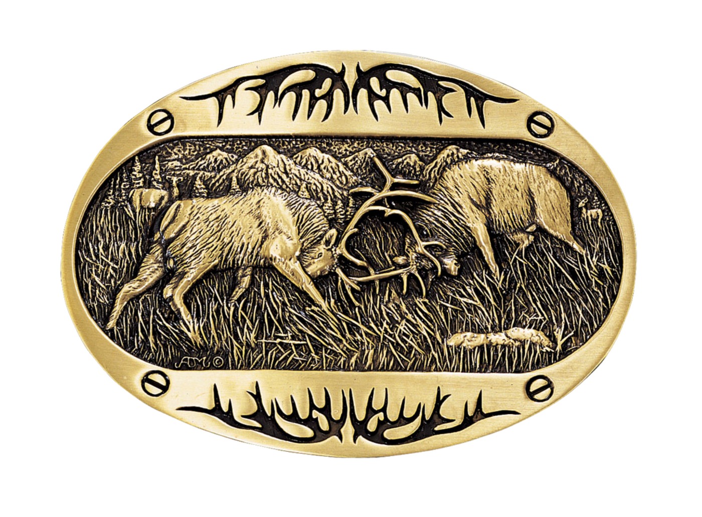 Brass colored oval Montana Silversmith's Attitude series buckle with rutting elk and antler designs at the top and bottom. Standard 1.5 belt swivel.  Amazing detail of 2 Elk fighting with their heads down with a mountain scene background Available at our shop just outside Nashville in Smyrna, TN. Dimensions: Width 3.63" Height 2.75" Length 0.16"