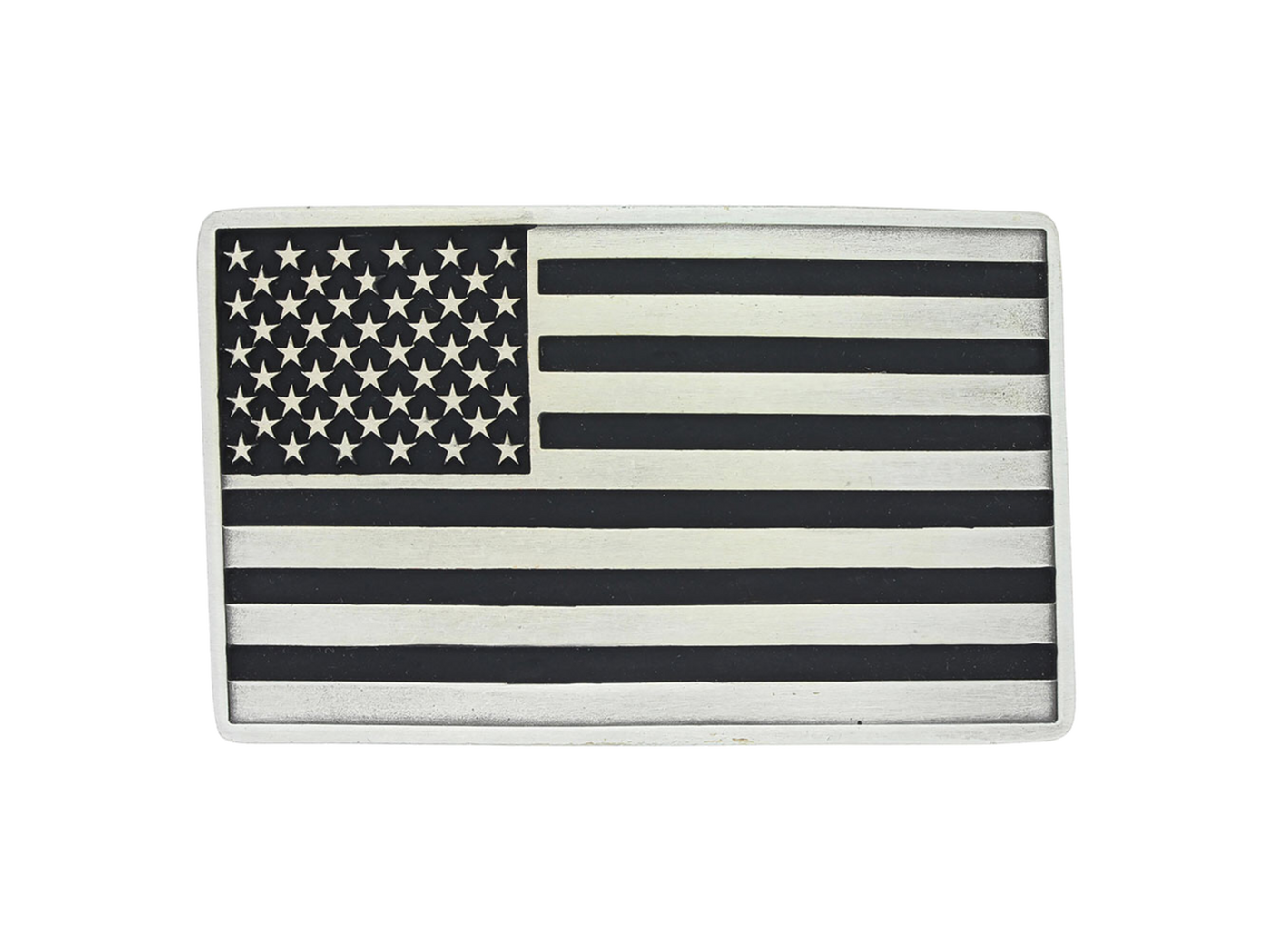An antiqued silver tone rectangular Attitude buckle with a design of the American Flag. Standard 1.5 belt swivel.