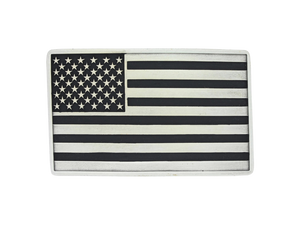 An antiqued silver tone rectangular Attitude buckle with a design of the American Flag. Standard 1.5 belt swivel.