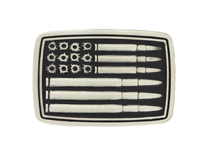 A deeply antiqued silver tone rectangular Attitude buckle with a overall flag design but instead of stars and stripes there are bullet holes and bullets. Standard 1.5 inch belt swivel. Available online and at our shop just outside Nashville in Smyrna, TN.