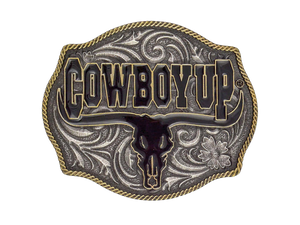 Heavily antiqued two tone Cowboy Up Attitude buckle with painted black longhorn steer under phrase. Standard 1.5 belt swivel Available at our shop just outside Nashville in Smyrna, TN.