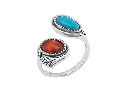 This Montana Silversmiths' wrap around, sterling silver ring contains both a light red stone, for the Earth, sitting atop a light blue turquoise stone, for the sky. Our "Earth and Sky Adjustable Ring" is a reminder to stay grounded and shoot for the stars. One size fits most.