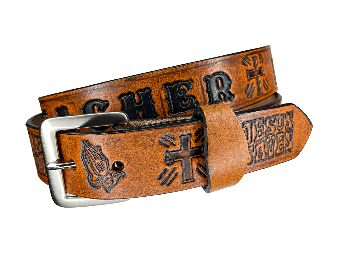 This solid strip of Veg Tan cowhide, is hand stained in 3 brown options, with smooth, finished edges. Embossed with JESUS SAVES as Paul says in God's WORD! Crosses, Praying hands and Jesus Saves runs down length of belt, or have name added to scene up to 8 letters. Belt thickness is approx. 1/8", and 1 1/2" wide. Sizes available are 34" to 44" from buckle end to hole most worn. Attached with 2 snaps is a Brushed Nickel plated solid brass buckle. 
