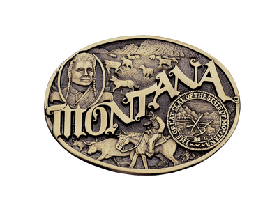 Antiqued brass colored Attitude buckle Montana state and symbols. Standard 1.5 belt swivel.