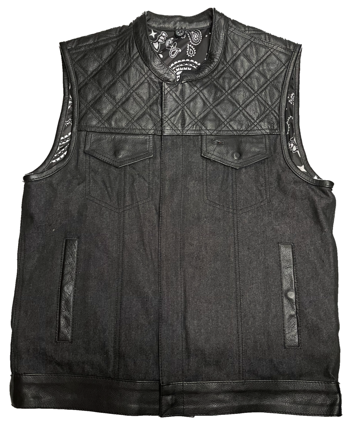 Premium black leather/denim club style vest with DIAMOND STITCHING. The lining is black paisley pattern. Vest is made from premium naked cowhide leather and denim. It has a tab style collar and front snap closure. It has a solid panel back.  Available for purchase in our shop in Smyrna, TN outside of Nashville. 