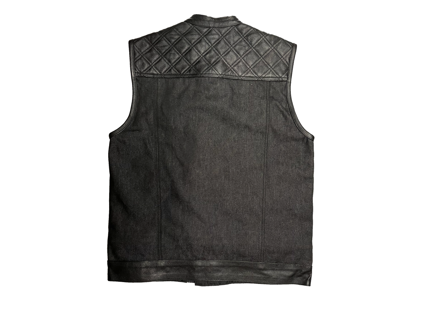 Premium black leather/denim club style vest with DIAMOND STITCHING. The lining is black paisley pattern. Vest is made from premium naked cowhide leather and denim. It has a tab style collar and front snap closure. It has a solid panel back.  Available for purchase in our shop in Smyrna, TN outside of Nashville. 