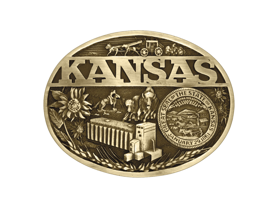 Antiqued brass colored Attitude buckle Kansas state and symbols. Standard 1.5 belt swivel.