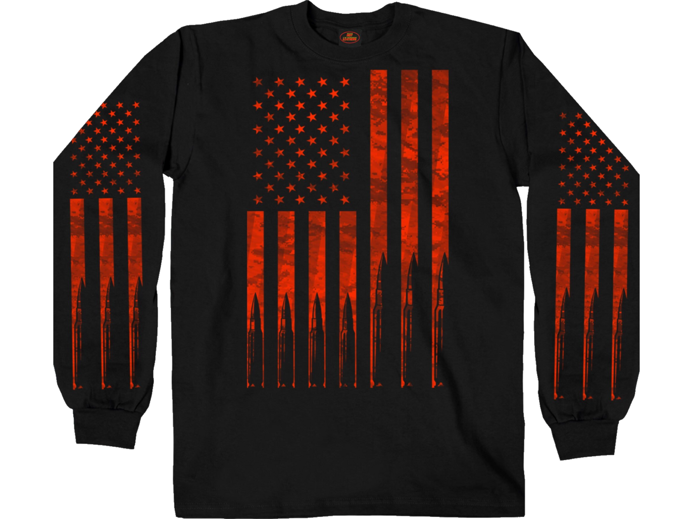Be a part of the "Support Crew" and show your Flag! Cotton blend Long sleeves with back and sleeves graphics. This black long sleeved tee shirt has American flag pictured in red with bullet pictures creating tattered look to flag. Flags are pictured on front and both sleeves. Available in sizes Medium through 3x.
