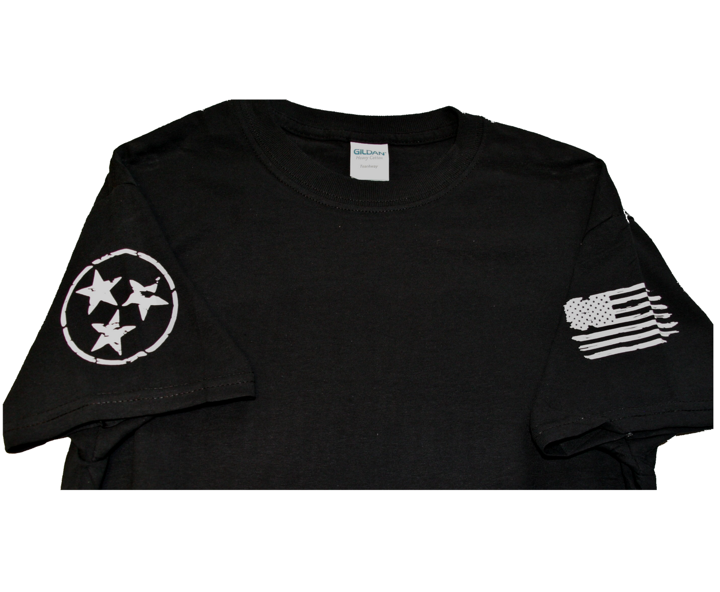 Buckle and Hide Leather T-shirt Heavy-weight Gildan brand t-shirt with round neckline Buckle and Hide Leather logo on the back only US flag design on one sleeve and Tennessee stars on other Available in sizes L-3xl