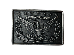 Rectangle antique silver buckle with eagle graphic and banner that says civil war.   Civil War with eagle, crest, and stars design Antique silver 3 1/8" H x 4 1/8" W Solid border Fits belts up to 1 3/4" wide Zinc