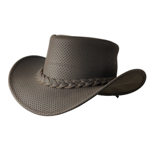 Leather Aussie/Outback style hat Perforated allover great for summer  M-XL Available in Brown. Available in our retail shop in Smyrna, TN, just outside of Nashville.