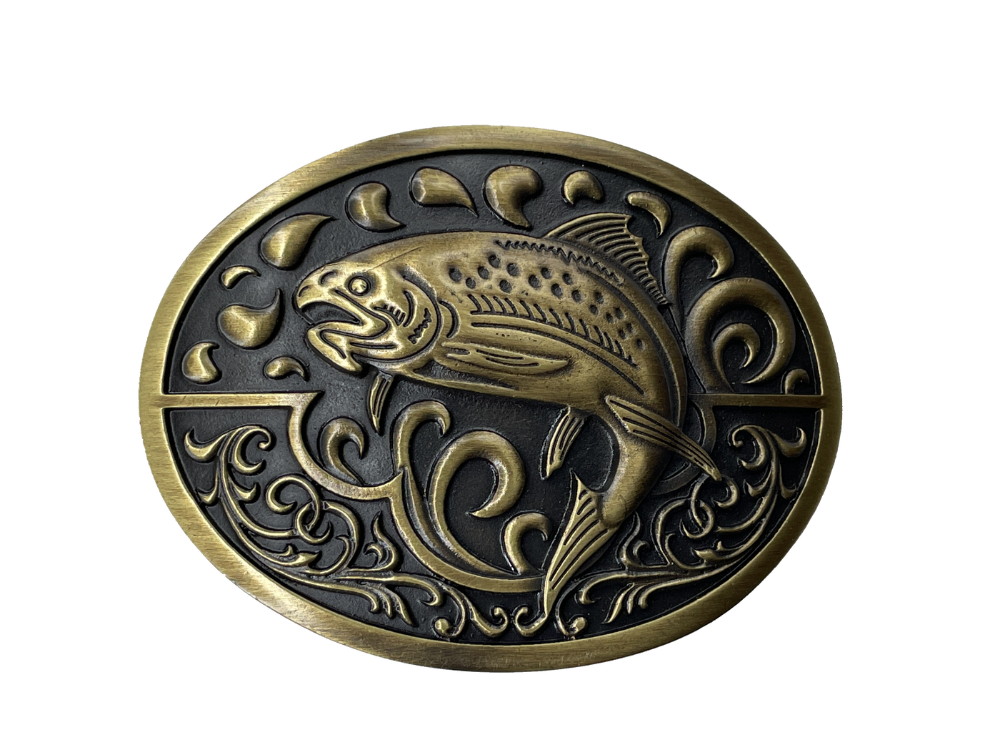 Fish buckle by AndWest Dimensions are 3" tall by 3 3/4" wide Fits belts up to 1 1/2" wide Buckle is brass colored with Fish scene. Back of buckle is black. Available online and in the retail shop just outside Nashville in Smyrna, TN. Made in Mexico
