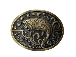 Fish buckle by AndWest Dimensions are 3" tall by 3 3/4" wide Fits belts up to 1 1/2" wide Buckle is brass colored with Fish scene. Back of buckle is black. Available online and in the retail shop just outside Nashville in Smyrna, TN. Made in Mexico